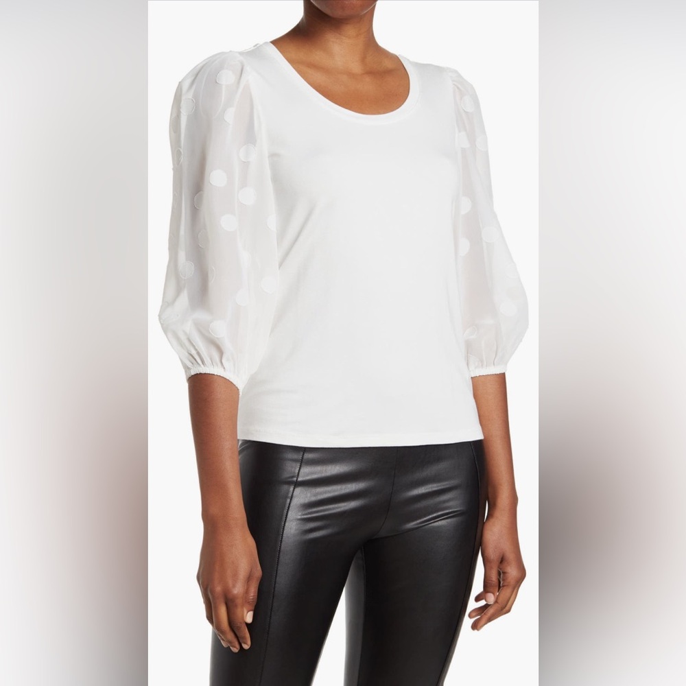 NWT Tahari White Chiffon Polka Dot Puff Sleeve Top XS